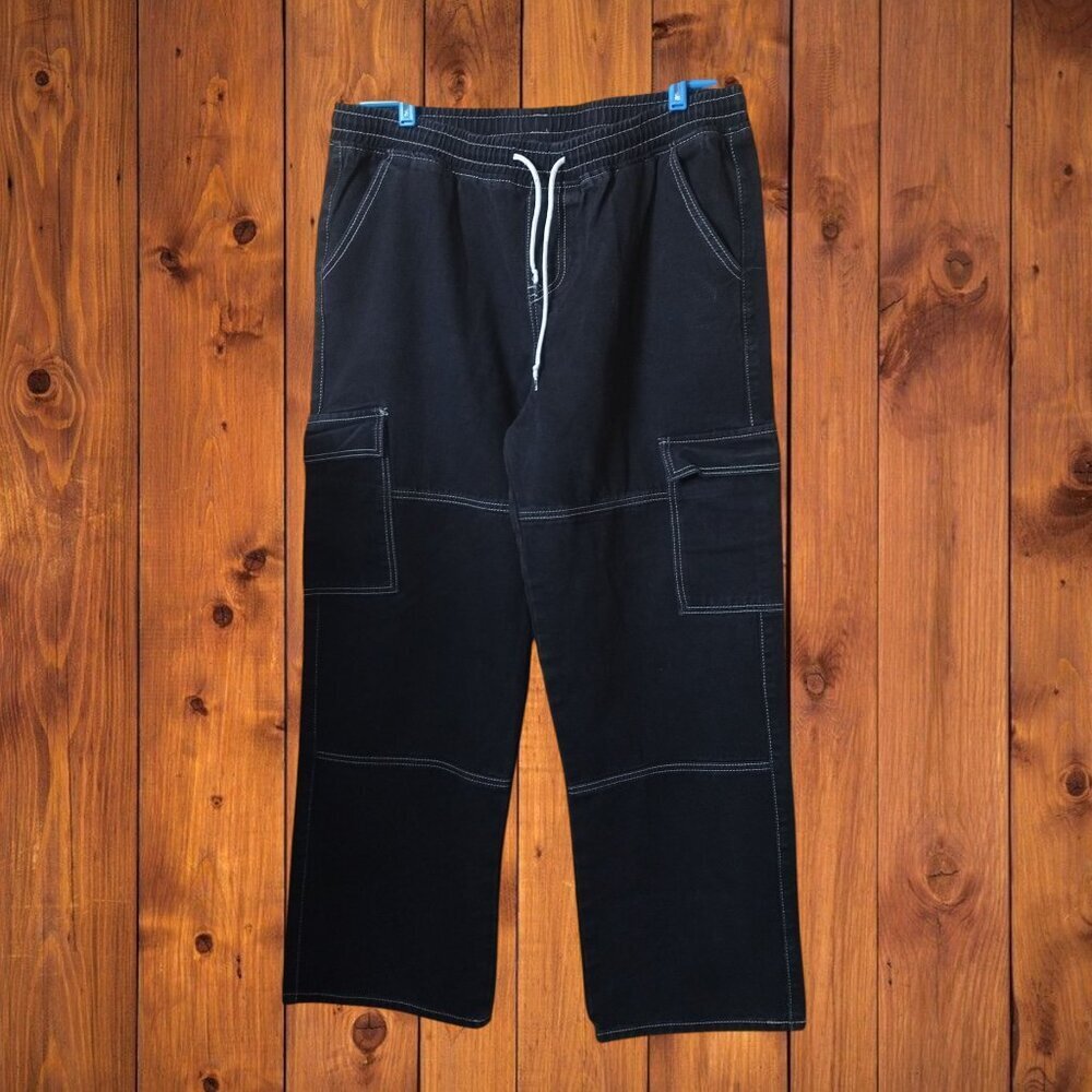 MANFINITY MEN'S XXL Black Pull On Elastic Waist Drawstring Cargo Pants Casual